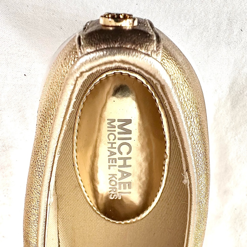 Michael Kors New Bella Sip on Ruffle Metallic Leather Platform Flats - Picture 11 of 17